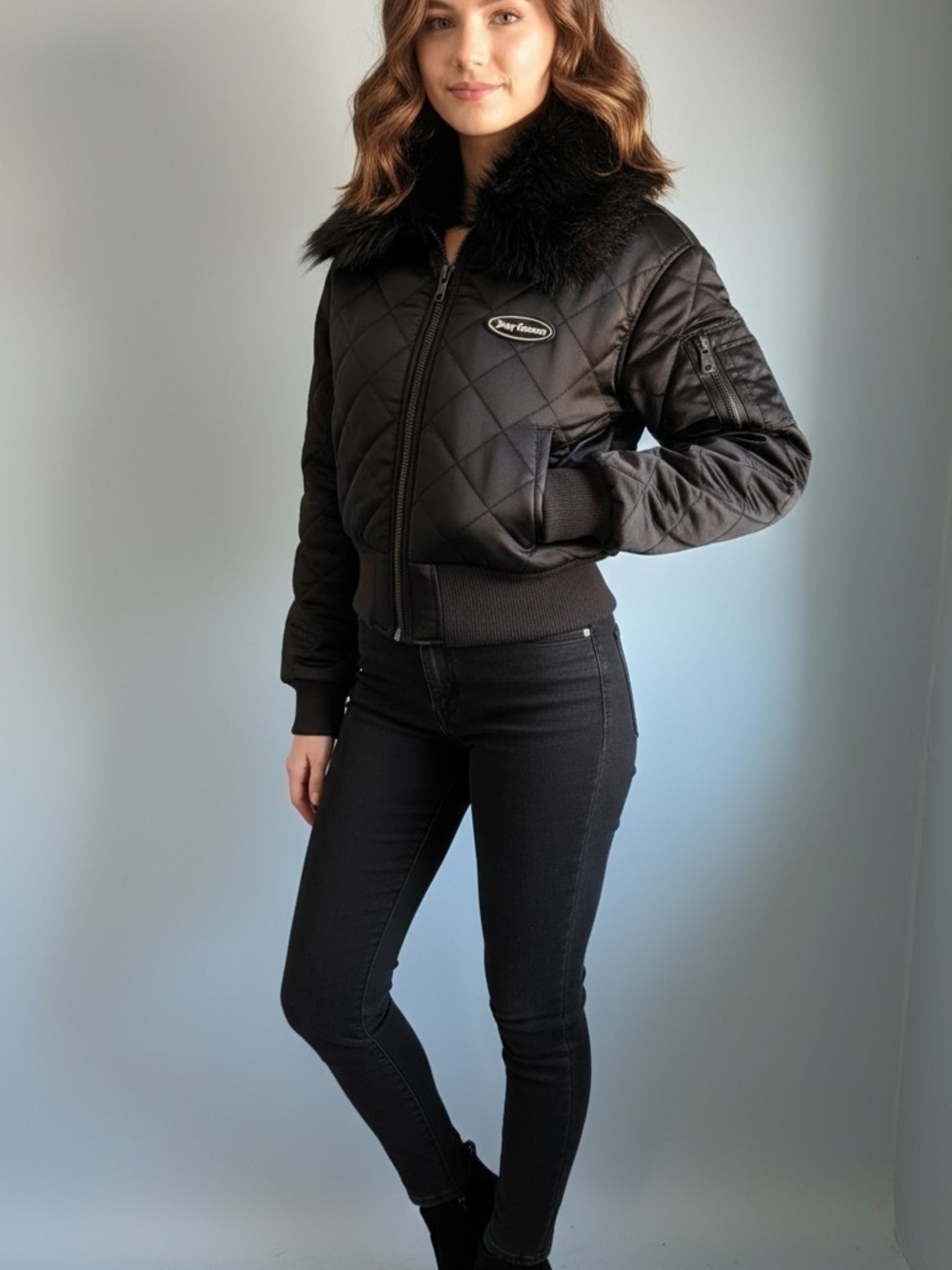 Juicy Couture Black Quilted Bomber Jacket with Faux Fur Collar